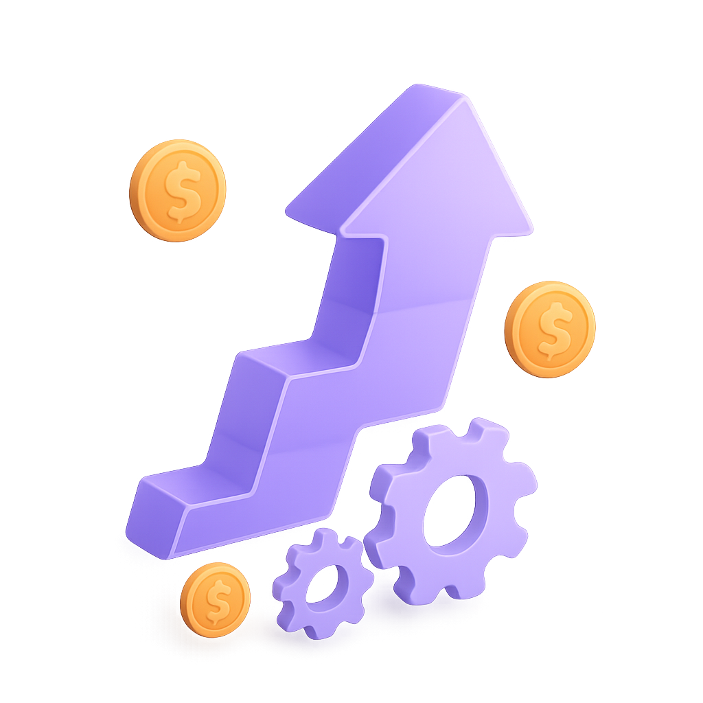 Growth automation illustration showing upward trend with gears and coins
